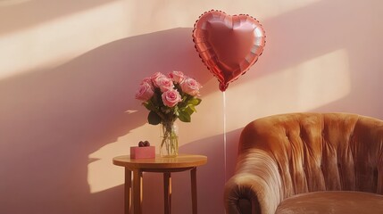 Wall Mural - Heart-shaped balloon and roses near billboard for a romantic cozy vibe
