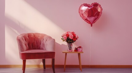 Wall Mural - Valentine's decor with roses and soft lighting by a billboard on pastel wall
