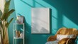 © javier - Vertical blank billboard sign mockup next to cozy decor and teal wall