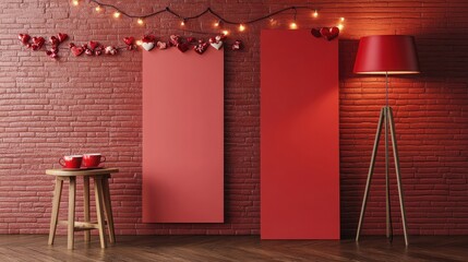 Wall Mural - Large billboard mockup on brick wall with Valentine's garlands and lights