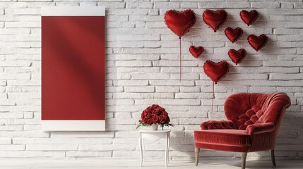 Wall Mural - Blank billboard mockup on brick wall with heart wreaths and cozy red decor
