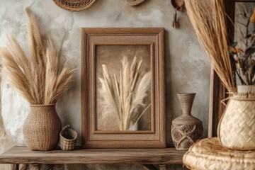 Wall Mural - Mockup frame in nomadic boho interior background with rustic decor