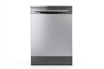 A silver dishwasher with a black base