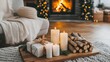 © artbot - Cozy holiday scene with candles, gifts, and firewood by a warm fireplace.
