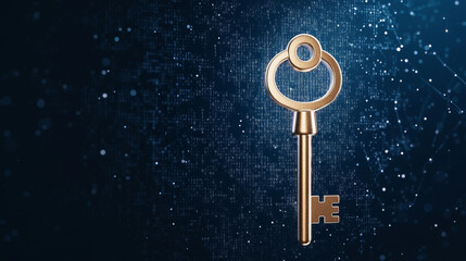 golden key stands out against backdrop of binary codes, symbolizing security and access in digital world. contrast creates captivating visual