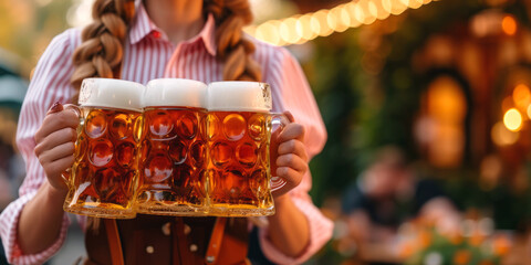 waiter girl carries glasses of Oktoberfest beer Generative AI