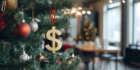 Wall Mural - A festive Christmas tree adorned with a dollar sign ornament.