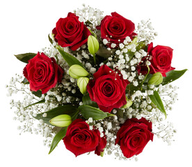 Bouquet of red roses with small white flowers cut out isolated transparent background