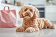 © HolmStudio - Adorable Golden Dog Relaxing in Modern Kitchen with Pink Bag