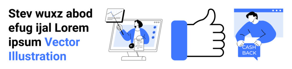 Computer screen with a person analyzing data, thumbs up, person holding cash back offer. Ideal for digital marketing, customer engagement, online analytics, rewards programs, data analysis, business