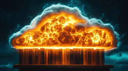 Wall Mural - Fiery Cloud Over Bookshelf Symbolizing Knowledge Ignited, Creative Concept of Education, Imagination, Fantasy, and Inspiration in a Dramatic Atmosphere with Colorful Details