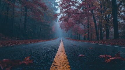 Wall Mural - Serene Autumn Road Surrounded by Fog and Colorful Foliage