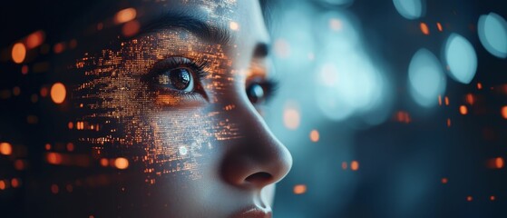 close up of digital human face with data and code in the eye, double exposure