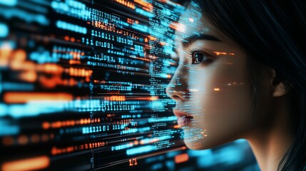 close up of digital human face with data and code in the eye, double exposure