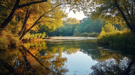 Wall Mural - Autumn River Landscape. Golden Trees Reflecting in Calm Water.