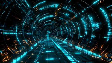 Futuristic 3D Tunnel with Glowing Data Stream