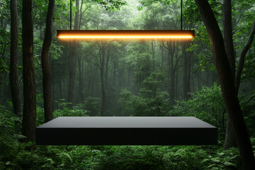 A modern design in a lush green forest showcasing nature and innovation together.