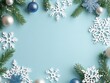 © PixelGen - Festive Christmas Border with Snowflakes, Ornaments, and Pine Branches on a Light Blue Background