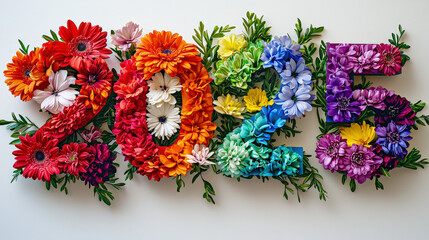 Poster - A vibrant display of assorted flowers forms the numbers representing 2025, surrounded by green leaves on a white surface