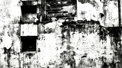 Poster - The aged wall of an abandoned structure reveals layers of peeling paint and bricks, highlighted by the stark contrast of light and shadows during late afternoon