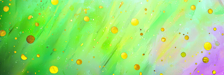 Fototapete - The artwork showcases a blend of soft green hues highlighted by scattered gold circles, creating a vibrant and dreamy atmosphere perfect for decor