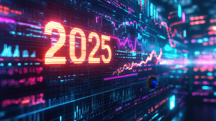Poster - A vibrant digital display features the year 2025 with colorful graphics and fluctuating financial data represented through graphs and charts