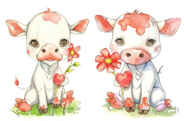 Wall Mural - Cute illustration of two adorable cartoon cows sitting among flowers with big eyes, one holding a flower, expressing joy and affection in a vibrant garden setting.