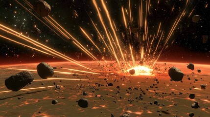 Wall Mural - asteroid belt light beams from planet surface