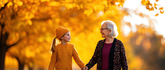 A girl and her grandmother walk hand-in-hand through a vibrant autumn landscape filled with golden leaves, enjoying a warm, joyful moment together.