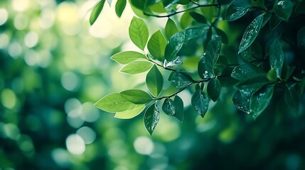 Wall Mural - Green leaves, nature background, sunlight, bokeh