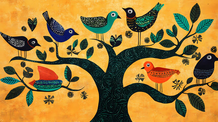 Wall Mural - Brightly colored traditional gond folk art from india of birds in a tree on a textured background. folk art. illustration. Folk. Illustration