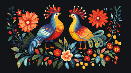 Embroidered ornament with cocks. traditional folk floral. modern illustration. Folk. Illustration