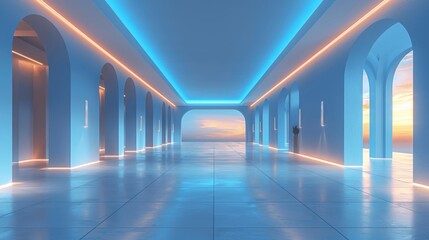 Aufkleber - Minimalistic Blue Room with Neon Lights, Light Blue Wall and White Floor