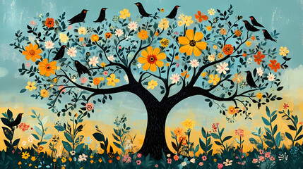 Wall Mural - A painting of a tree with birds and flowers. generative ai. polish folk art. Folk. Illustration