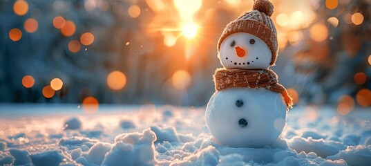 Cute smiling snowman with hat and scarf on snowy landscape with bokeh lights and warm sunset