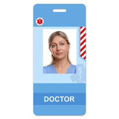 Wall Mural - Doctor's badge with photo of woman on white background