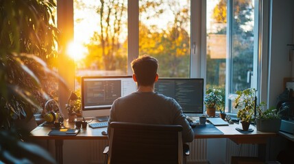 person coding at home, sunset view.
