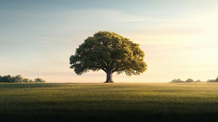 Fototapete - Lone tree in a serene landscape, with soft sunlight and birds in the background.