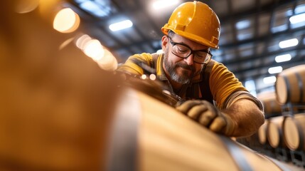 A dedicated craftsman is carefully sanding a wooden barrel in a workshop, illustrating attention to detail and the timeless art of barrel-making in a warm setting.