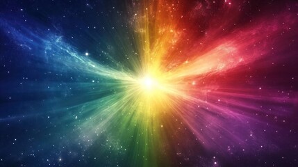 vibrant cosmic explosion with rainbow rays emanating from a bright core in a dark space filled with 