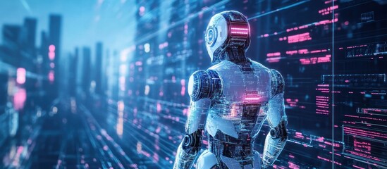 futuristic robot in a city, facing a digital data wall.