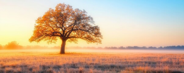 Fototapete - Solitary tree on a vibrant landscape under a colorful sunrise sky
