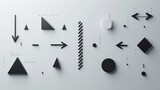 A clean, minimalistic composition featuring black geometric shapes and arrows arranged randomly on a white surface. The abstract design combines triangles, circles, squares, and arrows to create a