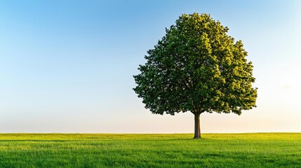 Fototapete - Green tree against a clear blue sky in an open field.