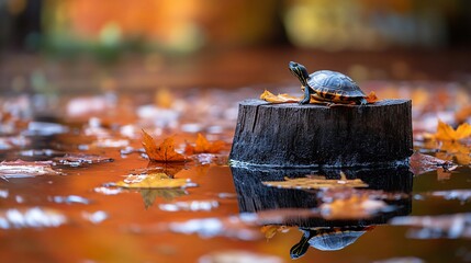 Wall Mural - Small turtle basking on autumnal stump in pond.