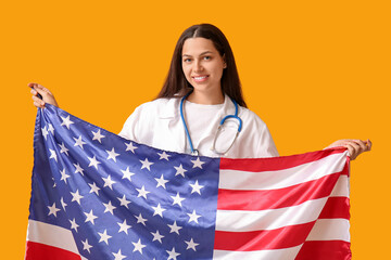 Poster - Female doctor with USA flag on yellow background