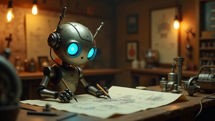 A small humanoid robot with glowing cyan eyes sits at a wooden table in a cozy workshop, sketching mechanical designs. Tools, blueprints, and warm lighting create an inventive atmosphere