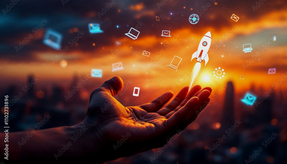 Hand finger touch with rocket ship blasting off with various business ...