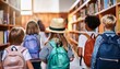 © Eli - Back View of Hatted Young Girl with Friends Using a Backpack Going to Library. Back to School Consept.