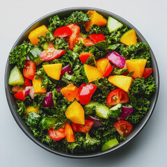 Wall Mural - Colorful Fresh Salad with Kale, Tomatoes, Cucumbers, and Peppers in a Modern Bowl for Healthy Eating and Vibrant Meal Presentation